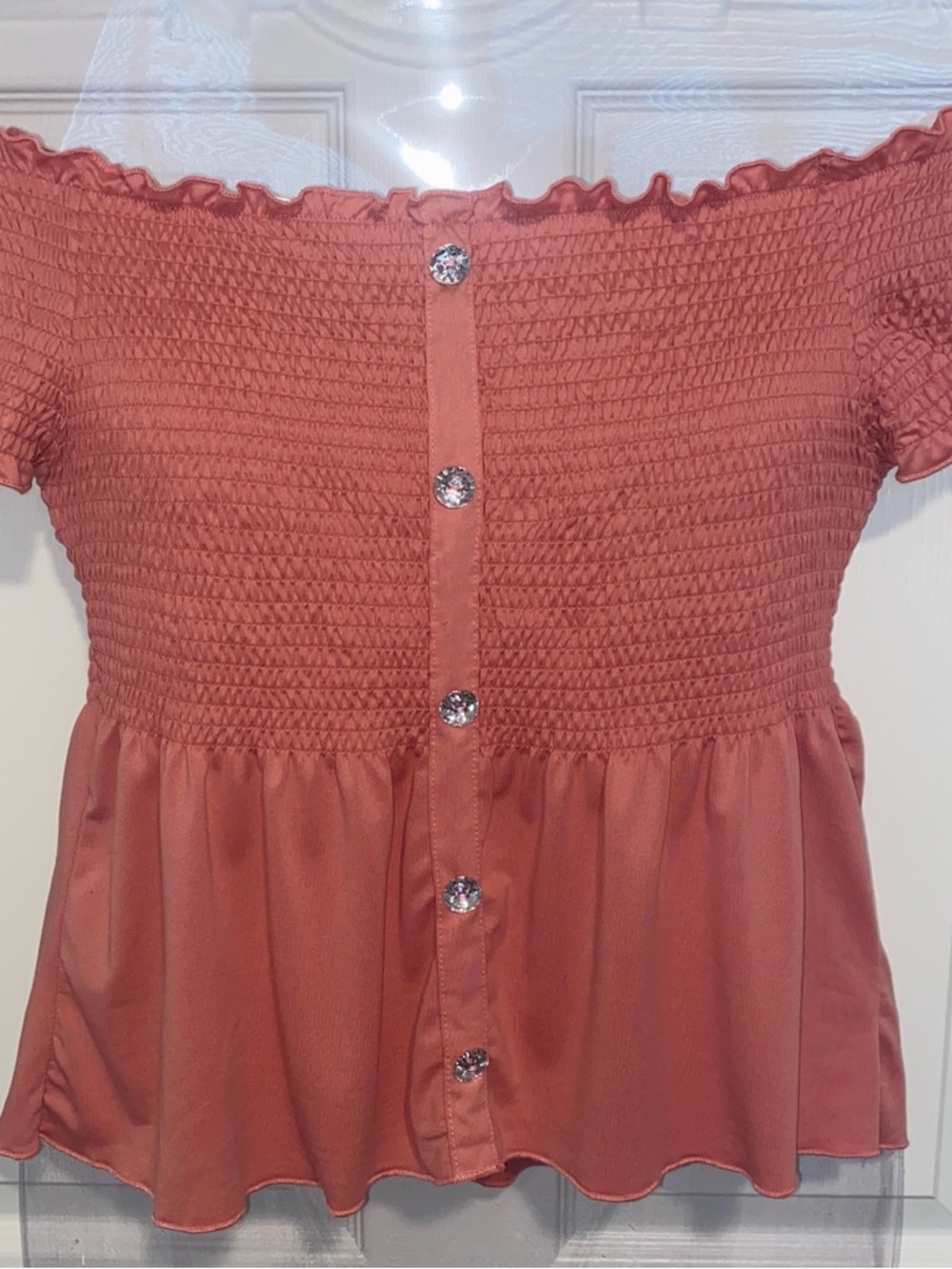 Smocked Off-Shoulder Women's Top in Terracotta Pink
